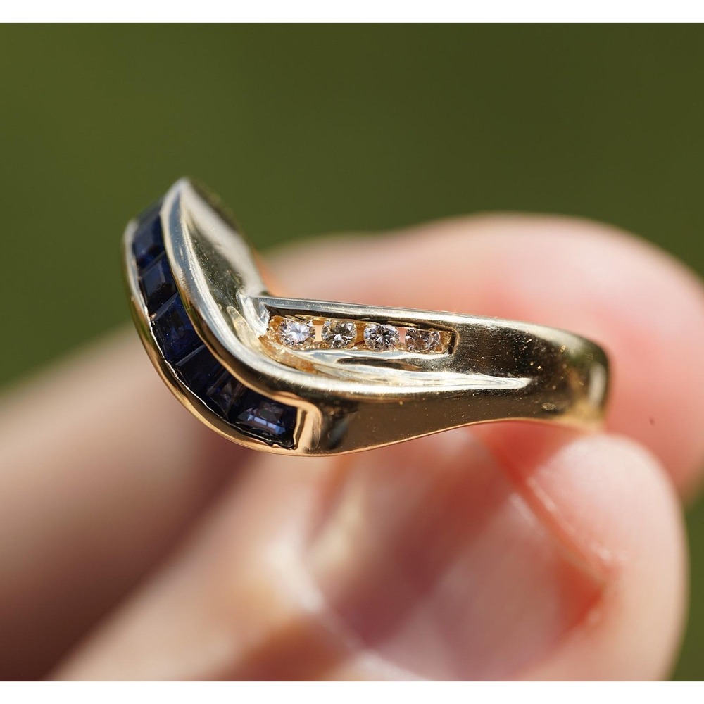 VIntage 14k Solid Yellow Gold Blue Sapphire & High Quality Diamond Ring Baguette - Picture 3 of 8